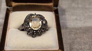 Beautiful Vintage Big Natural Citrine W/Marcasite's Sterling Silver Ring Sz 8.5 - Picture 1 of 16