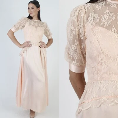 Vintage Peach Lace Wedding Dress Bridal Peplum Victorian Romantic Prom MOTB Gown - Image 1 of 4