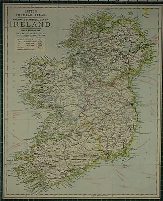 1883 LETTS MAP ~ IRELAND RAILWAYS CONNAUGHT LEINSTER MUNSTER CORK DUBLIN CASHEL - Image 1 of 4