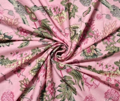 Indian Vintage Hand Block Cotton Running Dressmaking Print Fabric 5 Yard - Image 1 of 3