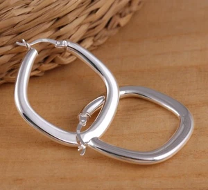 Solid 925 Sterling Silver Large Plain Square Shaped Huggie Hoop Earrings Boxed - Picture 1 of 8