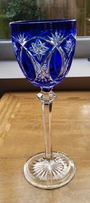 Bohemian tall crystal cut to clear wine glass cobalt blue 8 1/4" - Image 1 of 4