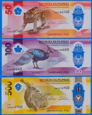 2025 2024 Philippines NEW POLYMER set - 50, 100, 500 Piso UNC Notes AA PREFIX - Image 1 of 4