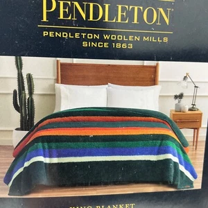 Pendleton Sherpa fleece blanket size Queen EVERGREEN STRIPE NEW blue green multi - Picture 1 of 3