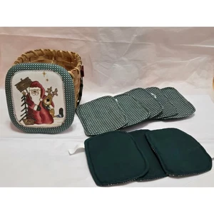 Christmas Basket With 8 Fabric Coasters Santa Reindeer Decorative Set - Picture 1 of 7