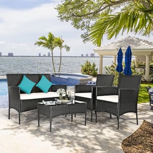Costway 4PCS Patio Rattan Furniture Set Cushioned Sofa Coffee Table Backyard - Picture 1 of 10
