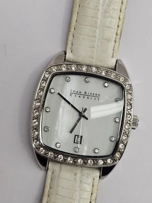 Reloj Joan Rivers Clásicos Bisel Cristal Correa Cuero Blanco Madreperla V377 Foto 1 de 4