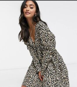 ASOS DESIGN Cotton Babydoll Mini Dress Leopard Print Size 4 SUPER CUTE!!
