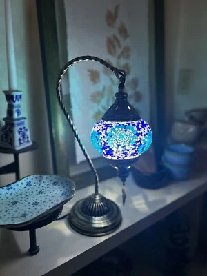 Abajur azul turco marroquino mosaico colorido mesa cabeceira mesa abajur - Imagem 1 de 4