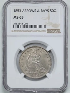 1853 Arrows and Rays 50C Seated Liberty Half Dollar MS63 NGC 3752843-005 - Picture 1 of 4