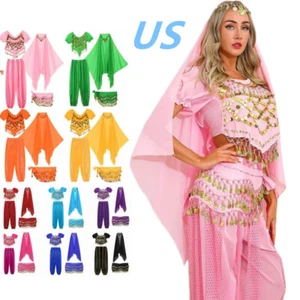 Womens 4Pcs India Belly Dance Outfits Halloween Arab Princess Cosplay Costume - Picture 1 of 77