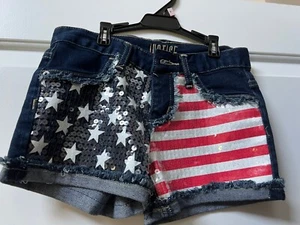 JUSTICE US flag denim shorts SEQUINS size 10 LOOKS BRAND NEW-WORN ONCE - Picture 1 of 7