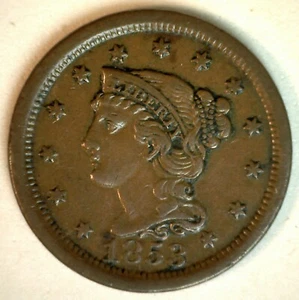 1853 Braided Hair US Large Cent Coin 1c US Coin Very Fine Circulated VF Penny - Bild 1 von 2