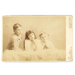 Brooklyn Siblings Resting Cabinet Card c1885 New York bambini pelliccia foto A3237 - Foto 1 di 3