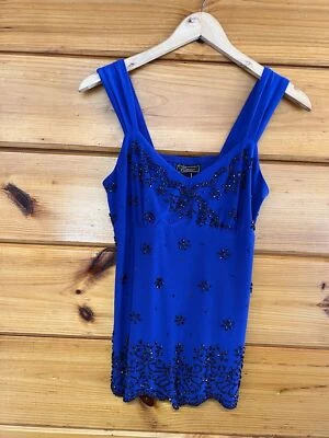 Dress Barn Top Blue With Black Beaded Floral Sleeveless Shirt Wide Strap PM - Image 1 of 4