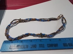 Blue And Gold Bead 3 Strand Twisted Necklace - Picture 1 of 1