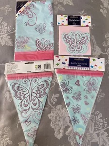 2 X Butterfly Bunting, 8 Party Invitations & Table Cover. New - Picture 1 of 7
