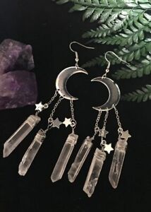 Crescent Moon Quartz Crystal Witchy Earrings Occult Boho Crystal Earrings
