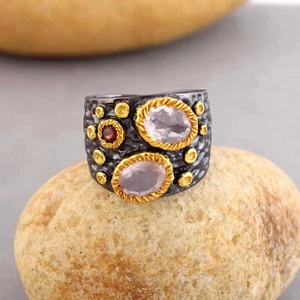 Anillo de piedras preciosas de plata 925 para granate de cuarzo rosa natural ... - Imagen 1 de 5