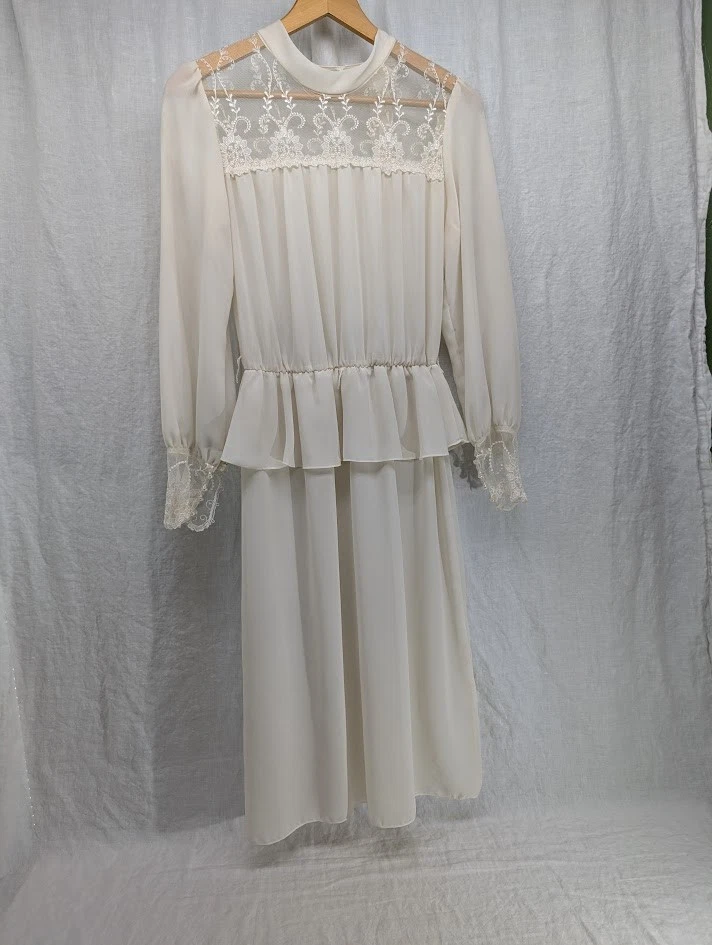 Vestido de noiva vintage blusa de renda creme top saia midi mangas compridas pequeno L10 - Imagem 1 de 4