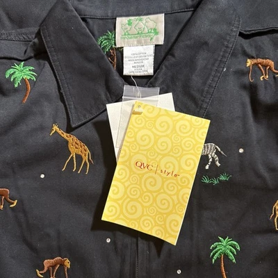 QVC Quacker Factory Black Full Zip Shirt Jacket Zoo Animals Palm Trees Size L - Image 1 of 4