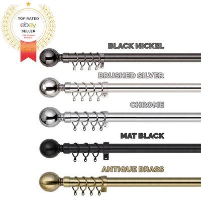 Curtain Pole Extendable Metal Chrome 28mm With Finials Rings Hooks Rod Fittings - Image 1 of 4