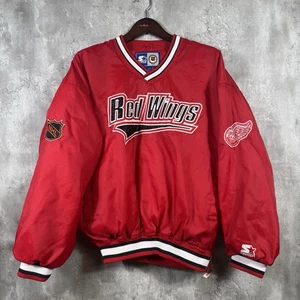 Vintage Detroit Red Wings Starter Jacket Mens Large Pullover Red Nylon Windbreak - Picture 1 of 13