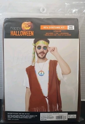 Hippie 4 Piece Adult Costume 60s Woodstock Vest Headband Necklace & Glasses - Image 1 of 4