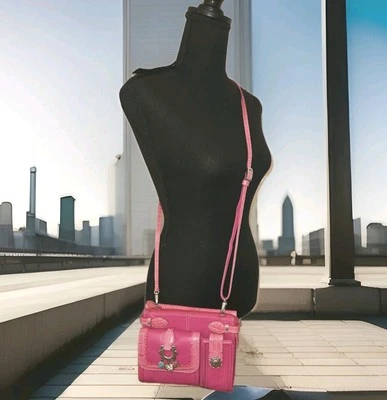 Brighton Pink Leather Croc Embossed Flap Bifold Crossbody Bag Wallet 7.5x6x2.75 - Image 1 of 4