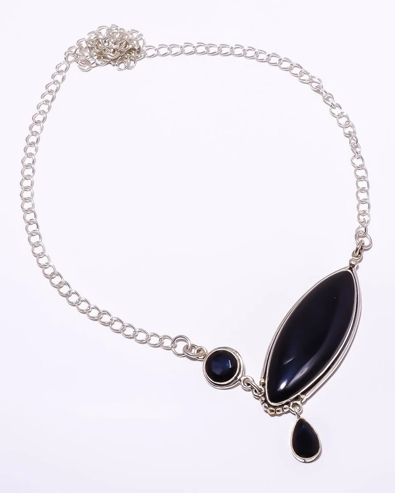 Ónix Negro - Collar Brasil Plata de Ley 925 17.99", Regalo Navidad N1001-25 Foto 1 de 4