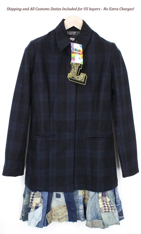 DESIGUAL Snow Robot EU38 Designer Coat Navy Checked Wool Mix Mid-Length