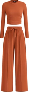 Casual 2 Piece Sets for Women Fall Outfits Ribbed Knit Long Sleeve Crop Top Wide - Picture 1 of 12