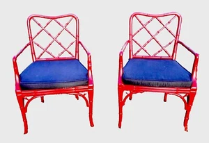 VINTAGE PAIR OF FAUX BAMBOO WOODEN REGENCY ARMCHAIRS - Picture 1 of 11