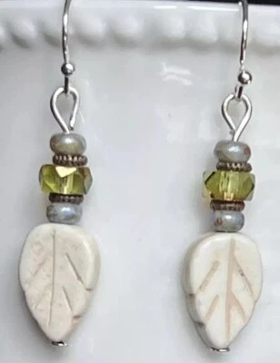 Silver, Green Picasso Czech Beads and Ivory Howlite Leaves. - Image 1 of 3