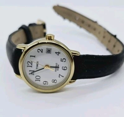 Reloj Timex para mujer correa de cuero negro esfera blanca caja dorada T2H341 cara redonda Foto 1 de 4