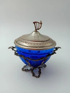 zuccheriera in argento e cristallo blu epoca 1800 - Foto 1 di 3