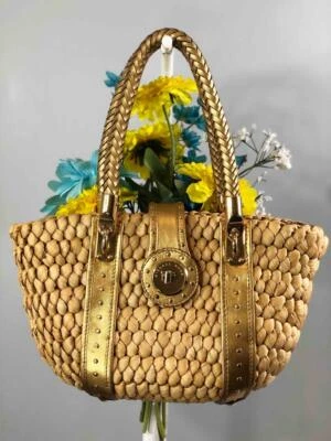 Сумка наплечная MICHAEL KORS Santorini Raffia с заклепками золотистая кожаная отделка соломенная - Изображение 1 из 4