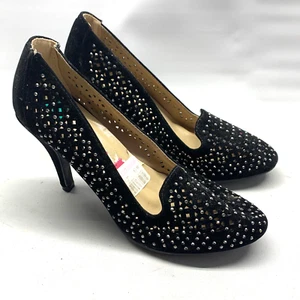 Forever Women Size 7.5 M Black Faux Suede Perforated Rhinestones 3" Heels Shoes - Picture 1 of 10