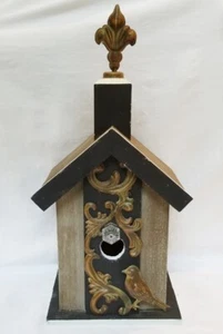 NEW Wood BIRD HOUSE COUNTRY Rustic Primitive Dk Green Black Metal Finial & Bird - Picture 1 of 7