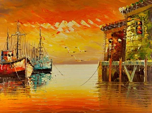 Boats at Sunset II A1+ High Quality Canvas Print - Picture 1 of 1