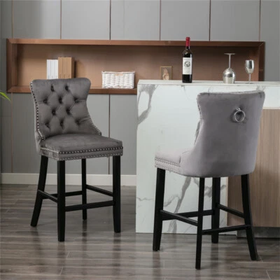 Set of 2 Velvet Upholstered Barstools 26"H Counter Height Chair Stools (Gray) - Image 1 of 4