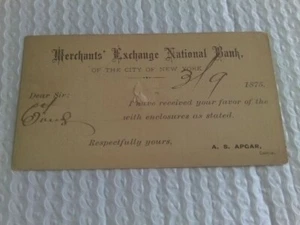 RARE 1875 POSTCARD NOTE MERCHANT EXCHANGE NATIONAL BANK NEW YORK PAXTON ILLINOIS - Picture 1 of 2