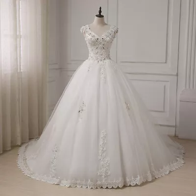 Elegant Wedding Dresses Cap Sleeve V Neck Rhinestones Beading Ball Bridal Gowns - Image 1 of 4