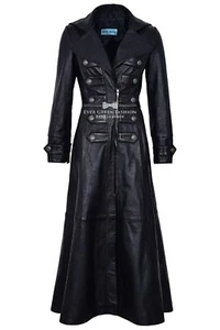 Abrigo largo gótico de cuero negro para mujer ajustado chaqueta estilo trinchera victoriana - Imagen 1 de 7