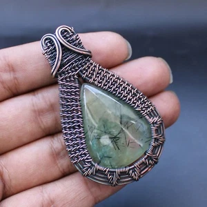 Prehnite Handmade Pendant Copper Wire Wrapped Pendant Gemstone Copper Jewelry - Picture 1 of 9