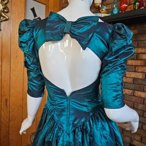 Vtg 80s Prom Metallic Emerald Green Mutton Sleeve Princess Ball Gown Dress XS/S - Picture 1 of 10