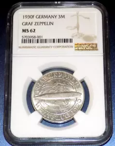 NGC GERMANY WEIMAR GRAF ZEPPELIN 1930F 3M 3 MARK GERMAN REICHSMARK MS62 UNC COIN - Picture 1 of 4