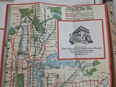 ORIGINAL c1931 PRE-IND SUBWAY Rapid Transit G. NOSTRAND Map New York City BANK ! - Image 1 of 4