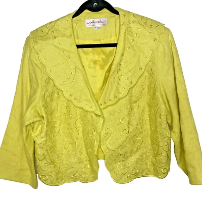 DONNA VINCI Belero Jacket Linen Embroidered Shawl Collar Cropped Women 18 Yellow - Image 1 of 4