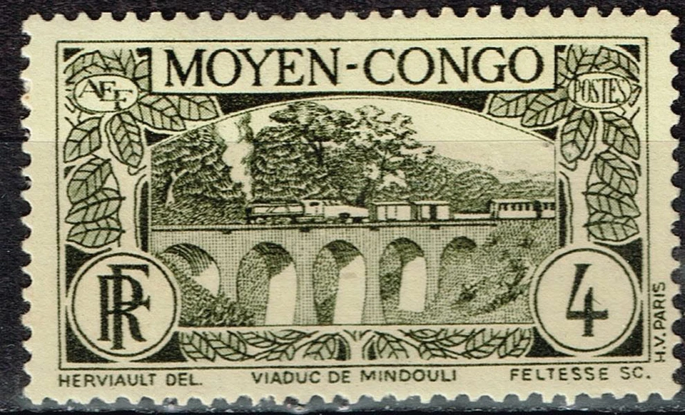 French Middle Congo Equatorial Africa Railroad Bridge Train stamp 1947 MLH A-19 - Image 1 of 1